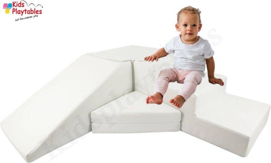 Kidsplaytables Zachte Soft Play Foam Blokken 4-delige set glijbaan met trap Wit grote speelblokken motoriek baby speelgoed foamblokken reuze bouwblokken Soft play peuter speelgoed schuimblokken
