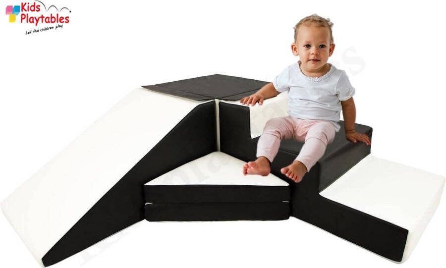 Kidsplaytables Zachte Soft Play Foam Blokken 4-delige set glijbaan met trap Zwart-Wit grote speelblokken motoriek baby speelgoed foamblokken reuze bouwblokken Soft play peuter speelgoed schuimblokken