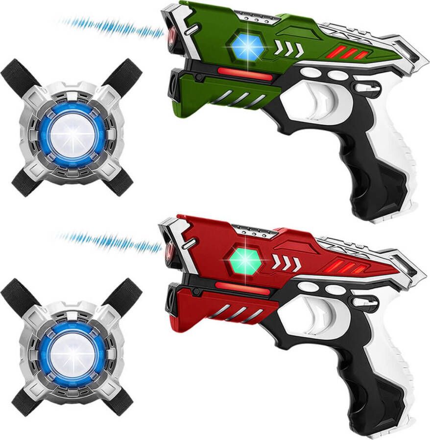 KidsTag 2 stoere laserguns rood groen + 2 lasergame vesten laserguns met unieke Vest Only optie!