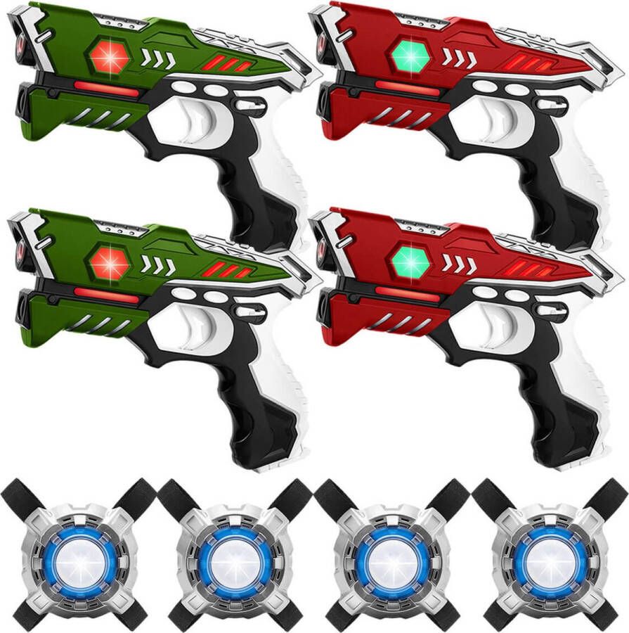 KidsTag 4 Laserguns rood groen + 4 Vesten Lasergame set met 4 laserpistolen voor kinderen