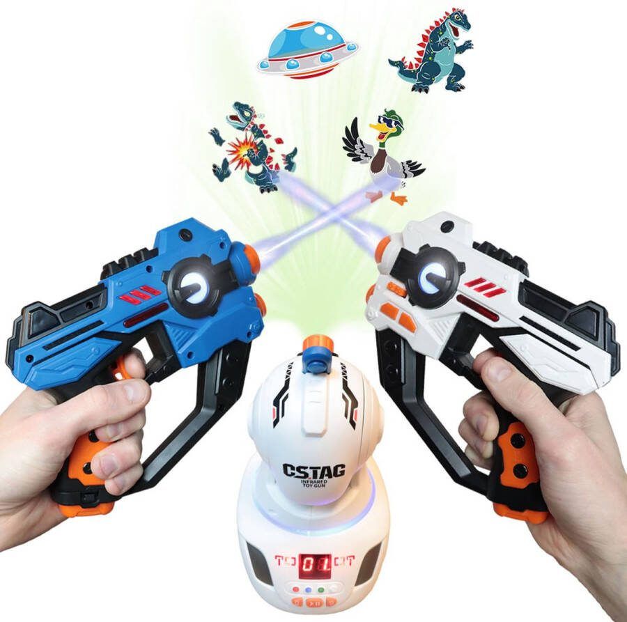 KidsTag lasergame set 2 Space laserguns + 1 projector Buiten lasergamen met de twee laserguns Binnen een lasergame spel spelen met de projector