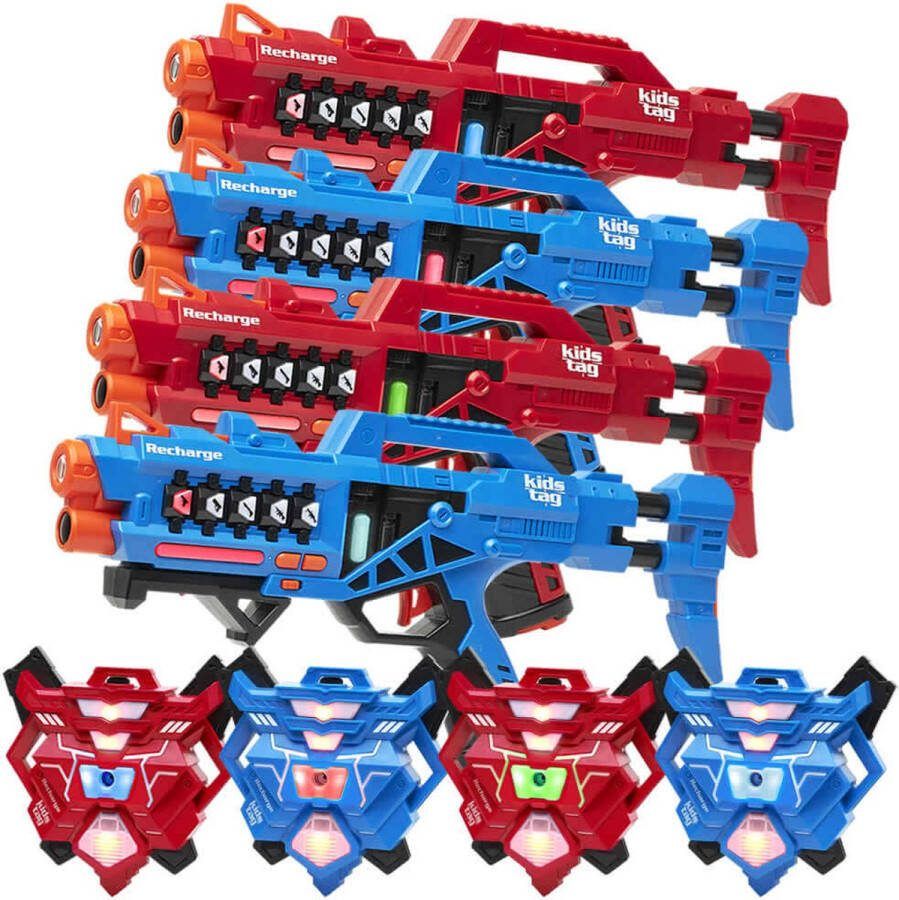 KidsTag Lasergame set 4 oplaadbare lasergeweren P1 + 4 oplaadbare Waterdamp vesten Vanaf 6 jaar Extra functies Digitale display Geen extra batterijen nodig