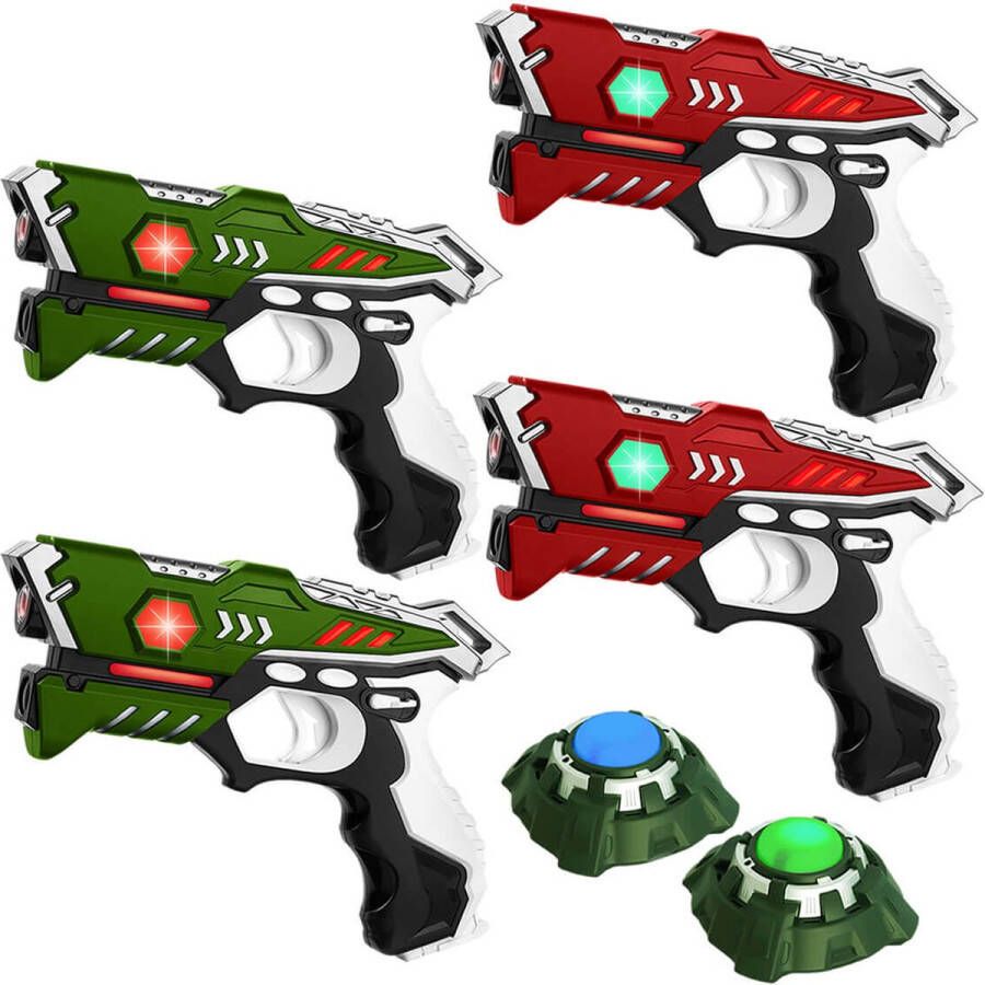 KidsTag lasergame set met 4 laserpistolen rood groen en 2 Light Battle targets. Lasergame voor 4 spelers 4 Laserguns + 2 Targets