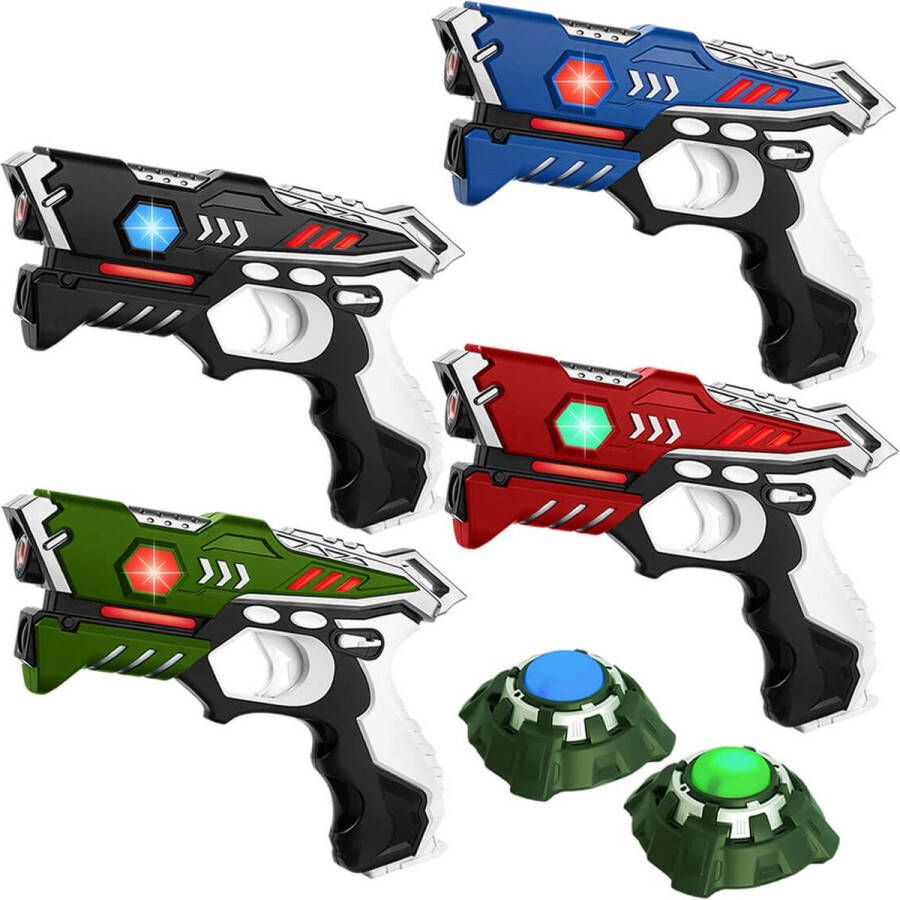 KidsTag lasergame set met 4 laserpistolen rood groen zwart blauw en 2 Light Battle targets. Lasergame voor 4 spelers 4 Laserguns + 2 Targets