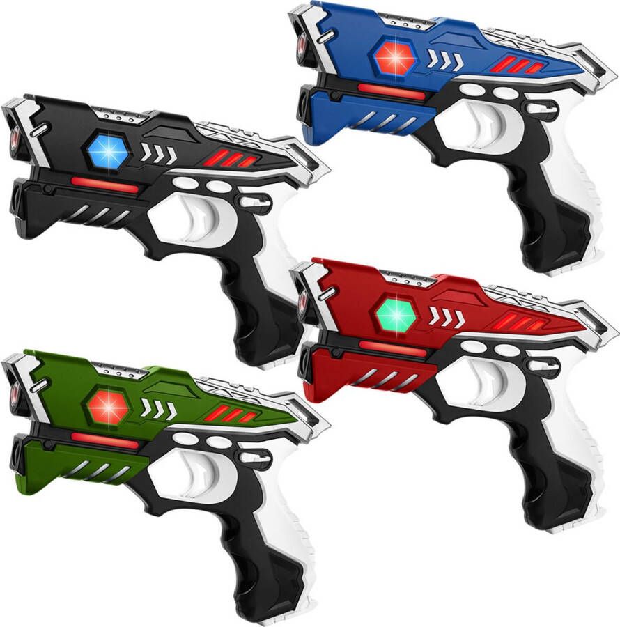 KidsTag Lasergame set met 4 laserpistolen zwart blauw rood groen Goedkope laserguns met veel uitbreidingsmogelijkheden voor kinderen vanaf 6 jaar