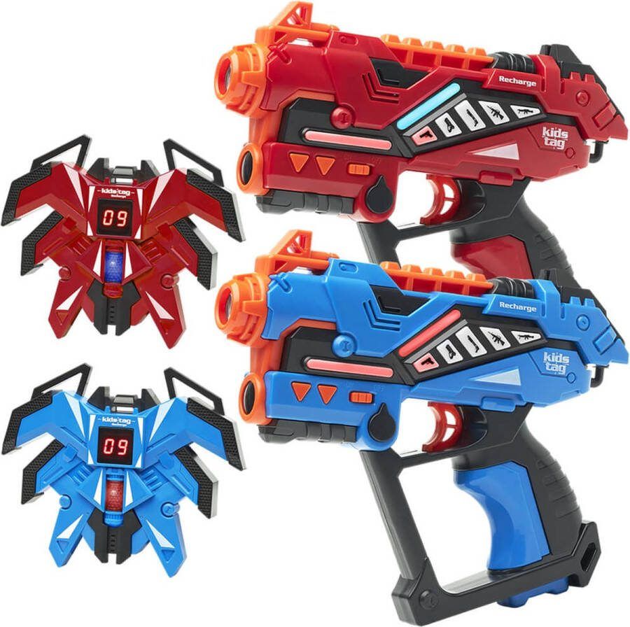 KidsTag Recharge lasergame set 2 oplaadbare laserguns P2 + 2 display vesten Lasergamen vanaf 6 jaar Laserguns heroplaadbaar Geen batterijen nodig