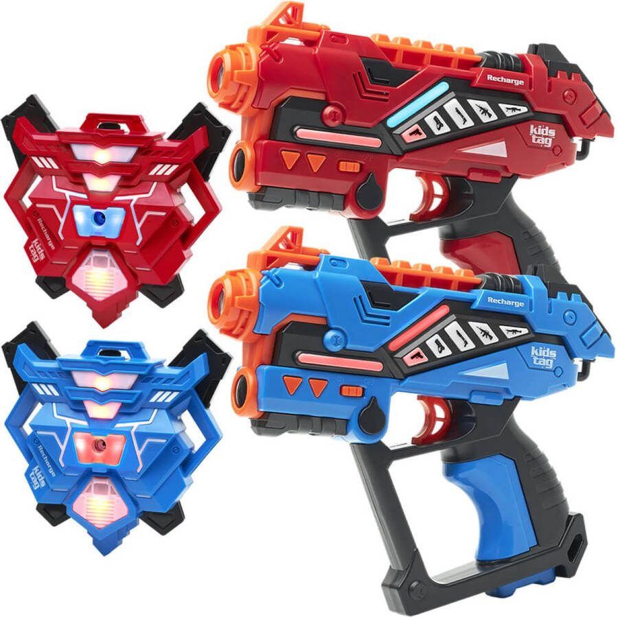 KidsTag Recharge lasergame set 2 oplaadbare laserguns P2 + 2 waterdamp vesten Lasergamen vanaf 6 jaar Extra functies Digitale display Geen batterijen nodig