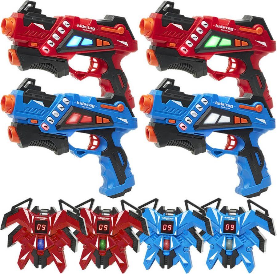 KidsTag Recharge lasergame set 4 oplaadbare laserguns P1 + 4 display vesten Lasergamen vanaf 6 jaar Extra functies Digitale display Geen batterijen nodig