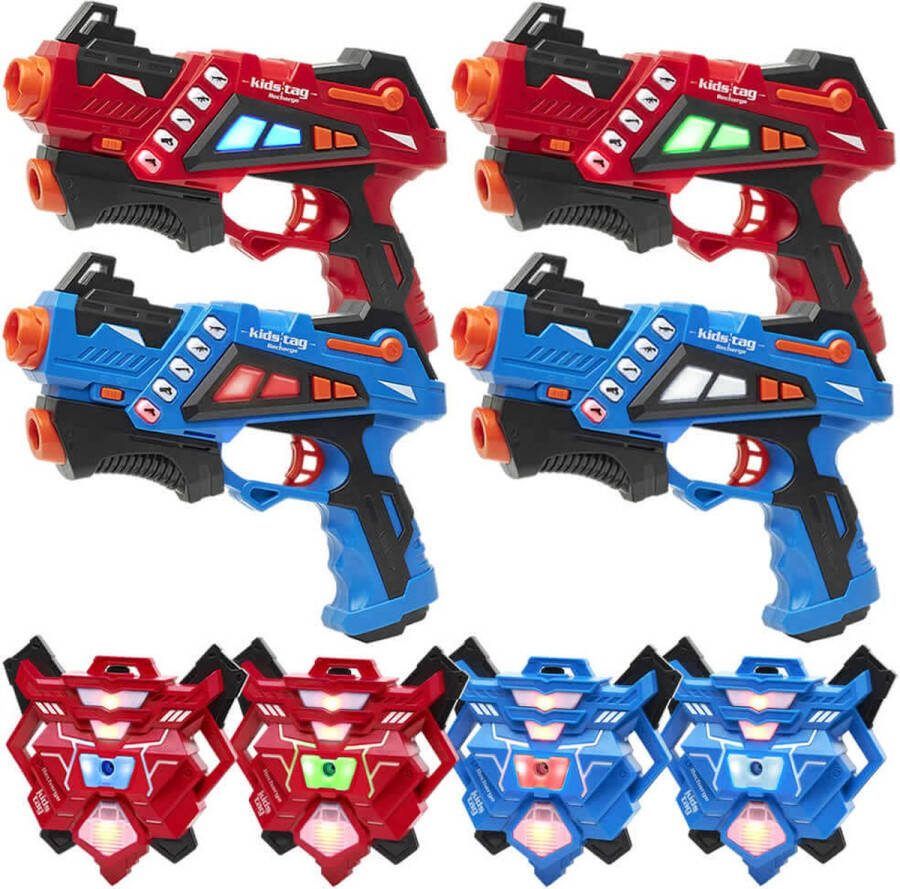 KidsTag Recharge lasergame set 4 oplaadbare laserguns P1 + 4 waterdamp vesten Lasergamen vanaf 6 jaar Extra functies Digitale display Geen batterijen nodig