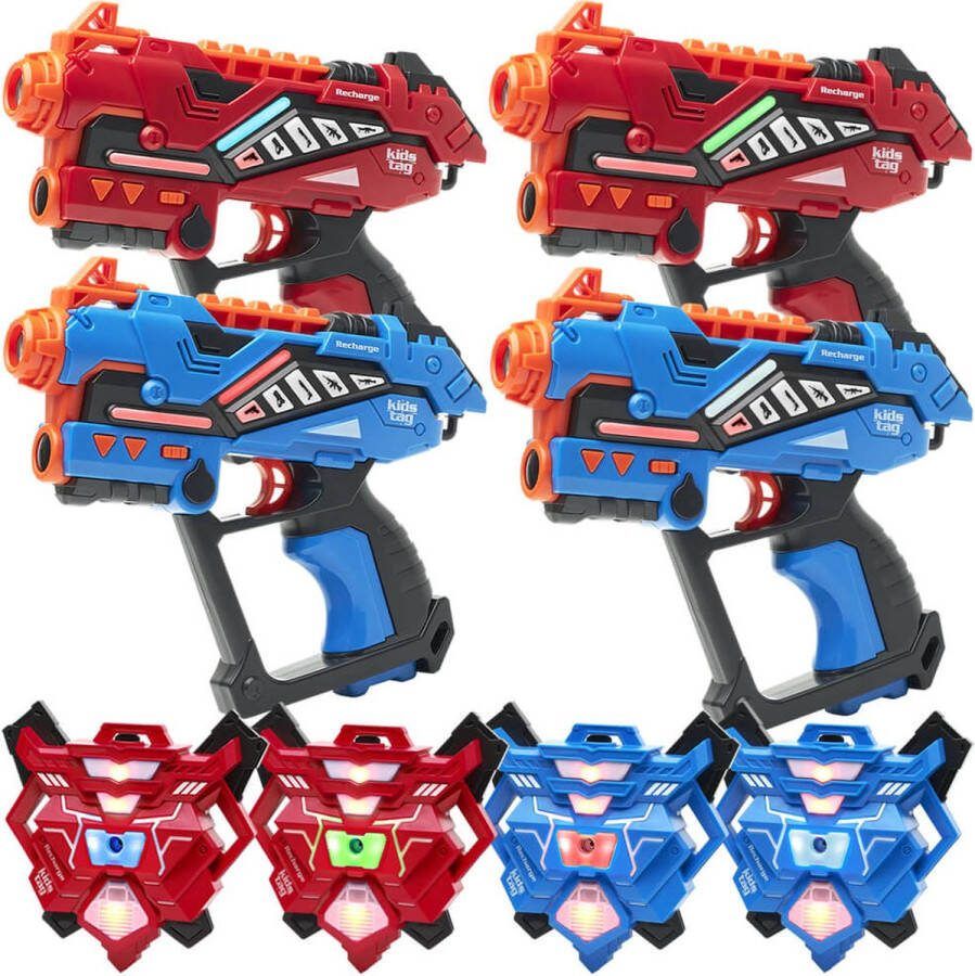 KidsTag Recharge lasergame set 4 oplaadbare laserguns P2 + 4 waterdamp vesten Lasergamen vanaf 6 jaar Extra functies Digitale display Geen batterijen nodig