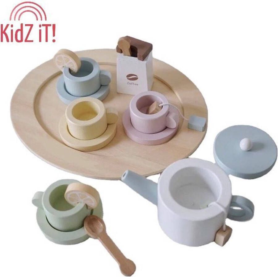 Kidz iT! Theeservies voor kinderen | Houten Speelgoed | 14-delige Servies Set | Koffie- en Theeset voor kinderen | Luxe Houten Speelservies | Duurzaam Spelen | Wooden Toys