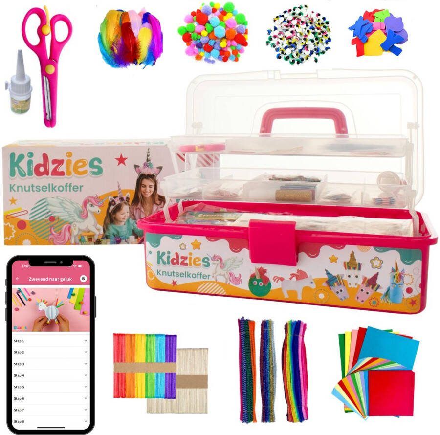 Kidzies XXL Unicorn Knutselkoffer Donkerroze Met DIY App Knutseldoos Knutselen meisjes Eenhoorn Knutselpakket Knutselen voor kinderen Creatief