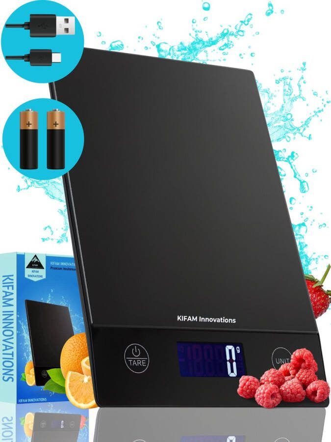 KIFAM Innovations Keukenweegschaal digitaal precisie weegschaal Keuken waterdicht USB Oplaadbaar 1gr tot 15kg – Tarra Functie Zwart