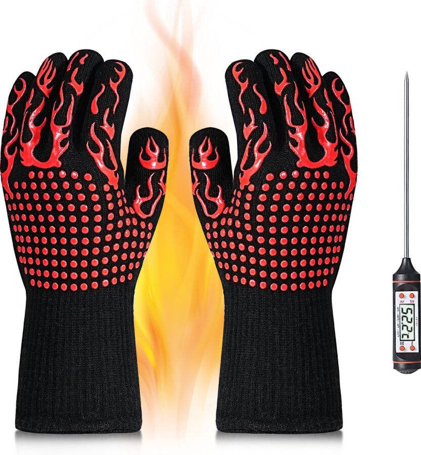 Woonlvenplus BBQ Ovenwanten-ovenhandschoenen- Met gratis Vleesthermometer– Hittebestendige Handschoenen Ovenhandschoenen Barbecue Handschoen – Grill & Oven Wan