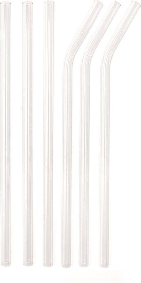 Kikkerland Herbruikbare rietjes Set van 6 Inclusief katoenen reinigingsborstel 3 gebogen rietjes + 3 rechte rietjes Glas Ecofriendly Vaatwasserbestendig