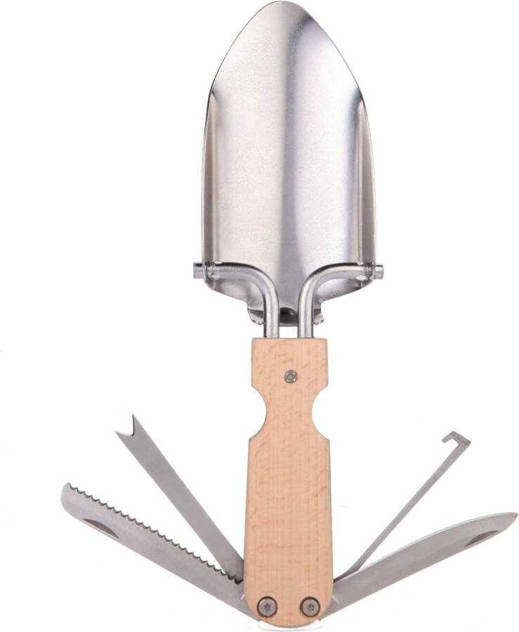 Kikkerland Pocket troffel multitool Voor in de tuin 5 Gereedschappen Beukenhout en roestvrij staal