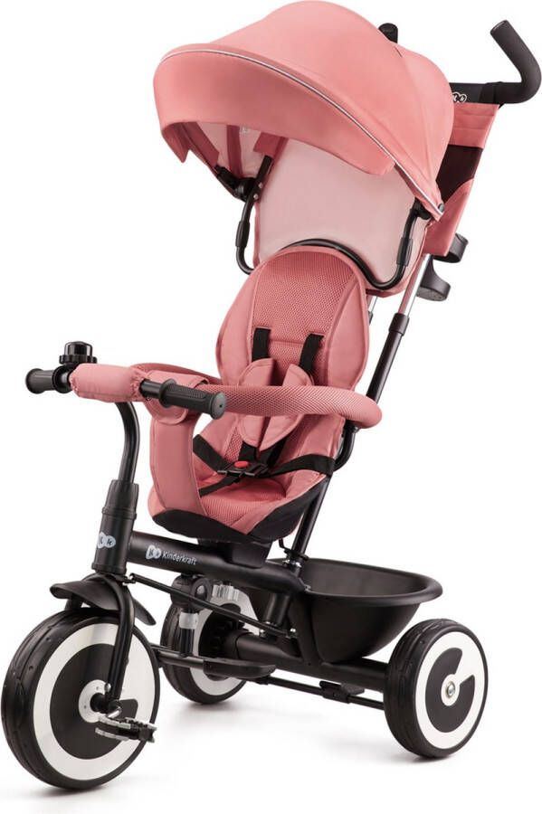 KinderKraft ASTON driewieler voor kinderen van 9m-5 jaar draaibare zitting vrijloopfunctie inklapbare kap verstelbare duwstang veilige riemen lekvrije wielen praktische accessoires ideaal voor wandelingen Roze
