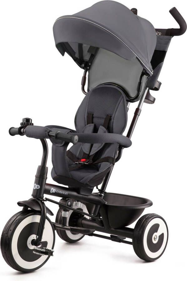 KinderKraft ASTON driewieler voor kinderen van 9m-5 jaar draaibare zitting vrijloopfunctie inklapbare kap verstelbare duwstang veilige riemen lekvrije wielen praktische accessoires ideaal voor wandelingen Grijs