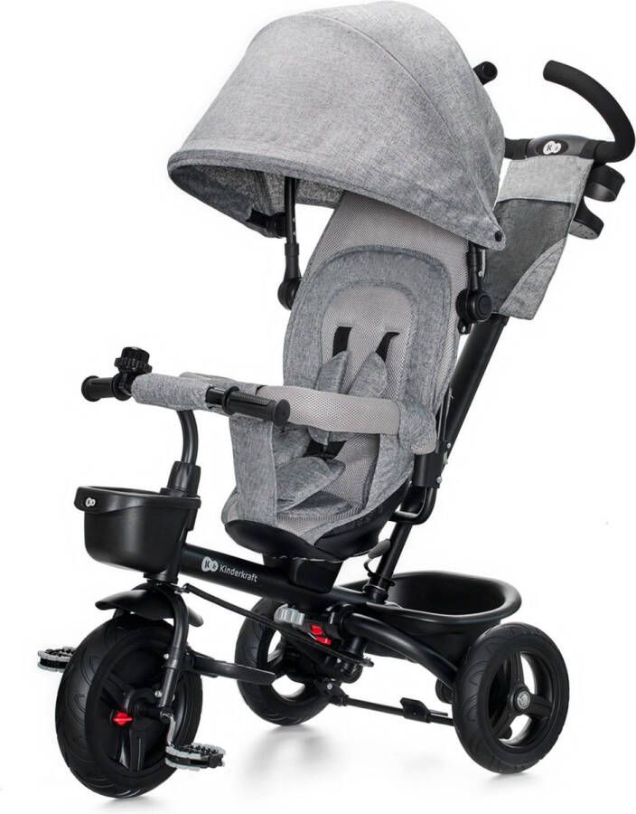 KinderKraft AVEO driewieler voor kinderen van 9m-5 jaar draaibare zitting inklapbare constructie lekvrije wielen verstelbare duwstang veilige riemen comfortabel hoog rugleuning praktische accessoires ideaal voor wandelingen Grijs