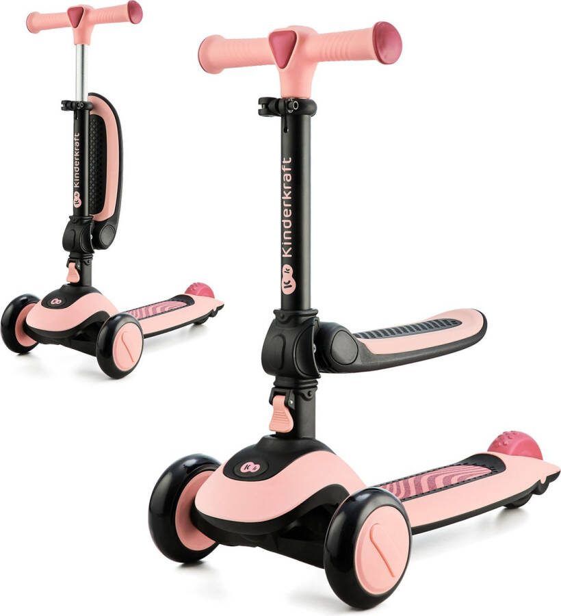 KinderKraft HALLEY loopfiets en driewieler step 2-in-1 verstelbaar zadel opvouwbaar ontwerp verstelbare stuurhoogte LED wielen modern design geschikt voor kinderen van 1-5 jaar maximale belasting 50 kg Roze