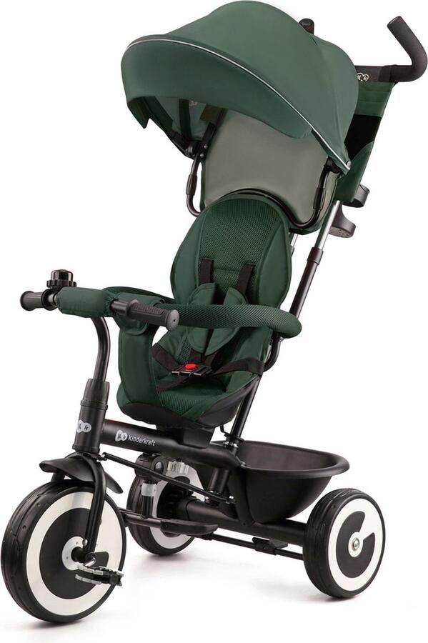 KinderKraft ASTON driewieler voor kinderen van 9m-5 jaar draaibare zitting vrijloopfunctie inklapbare kap verstelbare duwstang veilige riemen lekvrije wielen praktische accessoires ideaal voor wandelingen Groen