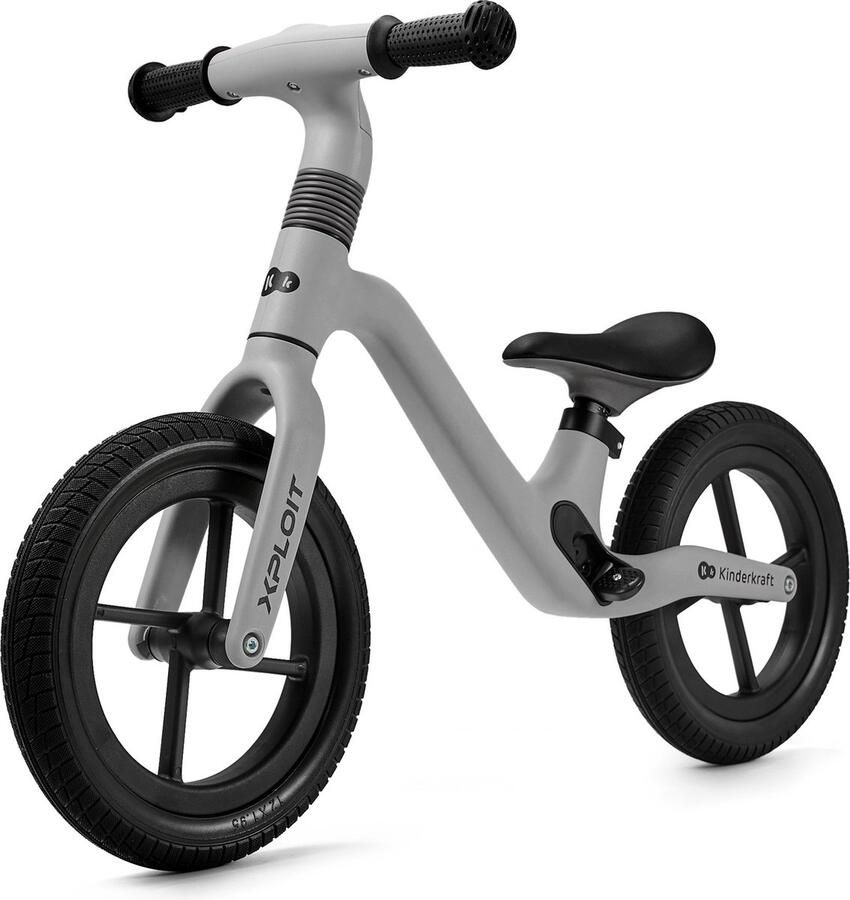 KinderKraft XPLOIT Loopfiets Lichtgewicht nylon frame Verstelbare stuur en zadel Onkraakbare PU wielen met 9ABEC lagers Voor kinderen vanaf 80 cm Sportieve uitstraling en antislip handvatten Magnetisch sluitende voetsteunen Grijs
