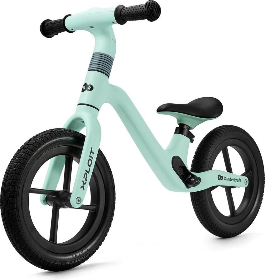 KinderKraft XPLOIT Loopfiets Lichtgewicht nylon frame Verstelbare stuur en zadel Onkraakbare PU wielen met 9ABEC lagers Voor kinderen vanaf 80 cm Sportieve uitstraling en antislip handvatten Magnetisch sluitende voetsteunen Turkoois