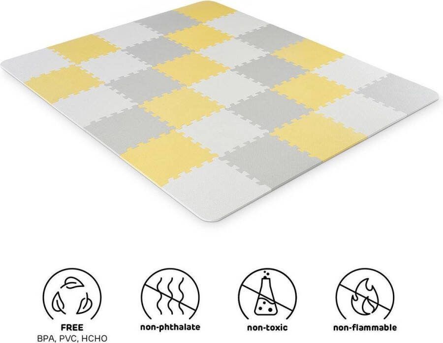 KinderKraft LUNO Schuimrubberen speelmat 30 puzzelstukken Antislip en waterdicht 150 cm x 180 cm Veilig en makkelijk schoon te maken Draagtas inbegrepen Ideaal voor spel kruipen en eerste stapjes Geel