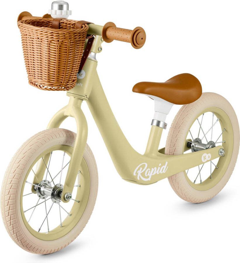 KinderKraft RAPID 2 Loopfiets Lichtgewicht magnesium frame Retro ontwerp met mandje en bel Verstelbaar zadel (33 5-41 5 cm) Antislip handvatten Beperkte stuurhoek voor extra veiligheid Geschikt voor kinderen vanaf 2 jaar Groente