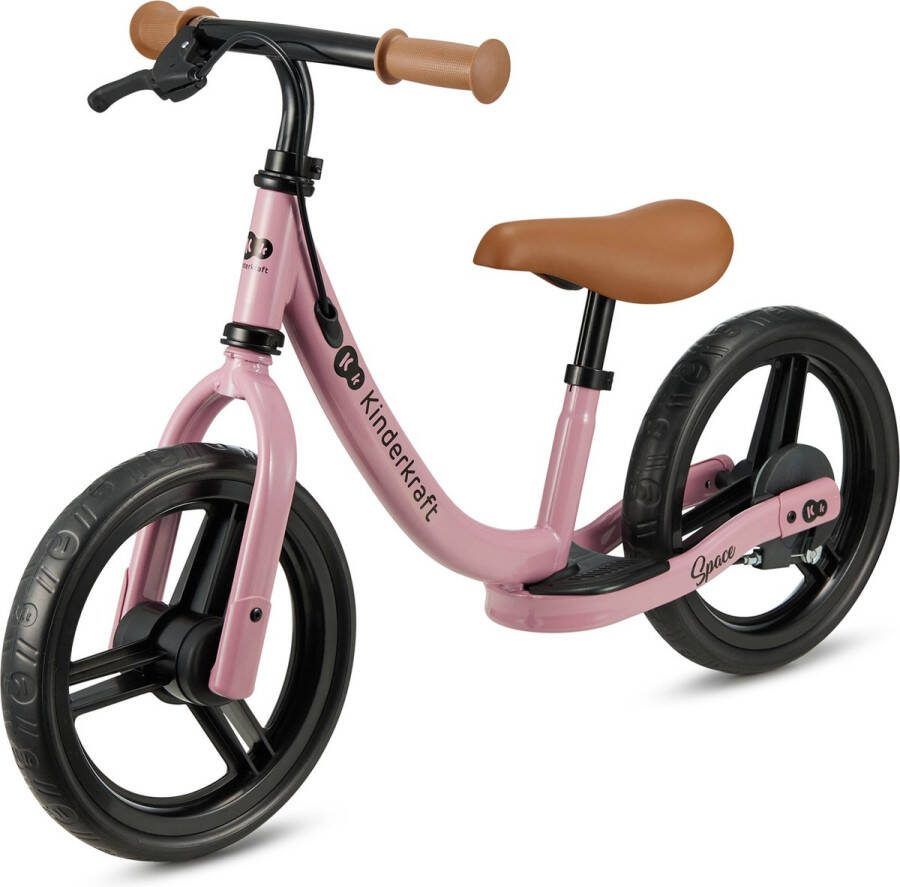 KinderKraft SPACE Loopfiets Lichtgewicht stalen frame Handrem voor extra veiligheid Grote EVA wielen met antishock Verstelbaar zadel en stuur Antislip voetensteun Geschikt voor kinderen vanaf 80 cm Blokkeerbare stuurfunctie Roze