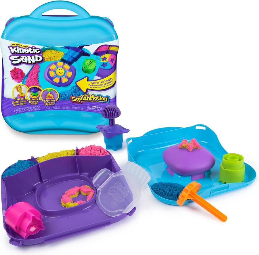 Kinetic Sand – Squish Motion Speelset – 453g origineel kinetisch zand in 3 kleuren met stempel 5 tools en opbergkoffer