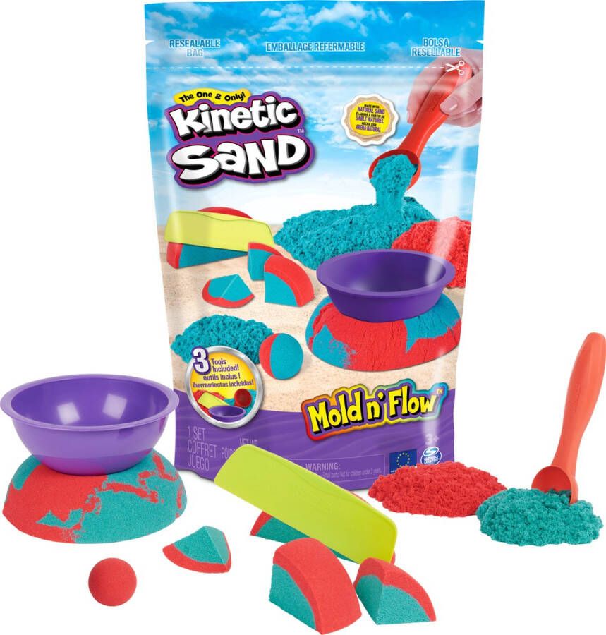 Kinetic Sand Mold n' Flow-set met 680 g rood en blauwgroen speelzand en 3 stuks gereedschap Sensorisch speelgoed