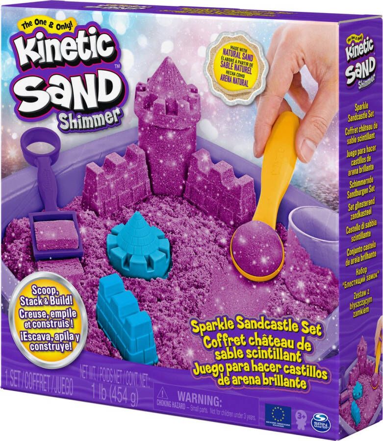 Kinetic Sand Shimmer Zandkasteel-set met 453 g paars glinsterend speelzand 3 vormpjes en 2 stuks gereedschap Sensorisch speelgoed