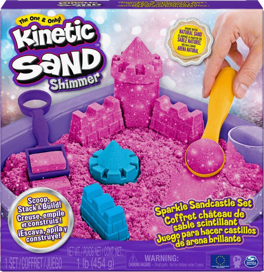 Kinetic Sand Shimmer Zandkasteel-set met 453 g roze glinsterend speelzand 3 vormpjes en 2 stuks gereedschap Sensorisch speelgoed