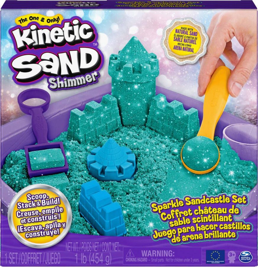 Kinetic Sand Shimmer Zandkasteel-set met 453 g blauwgroen glinsterend origineel kinetisch zand 3 vormpjes en 2 stuks gereedschap Sensorisch speelgoed