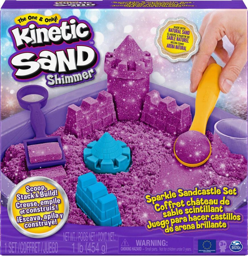 Kinetic Sand Shimmer Zandkasteel-set met 453 g paars glinsterend origineel kinetisch zand 3 vormpjes en 2 stuks gereedschap Sensorisch speelgoed