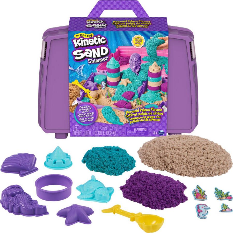 Kinetic Sand Shimmer Opvouwbare Meermin zandbak-speelset met 907 g glinsterend speelzand in 3 kleuren 6 mallen en 1 schep