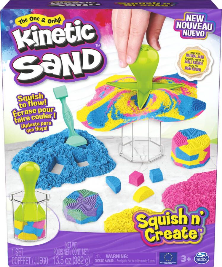 Kinetic Sand Squish N Create met 382 g blauw geel en roze speelzand en 5 gereedschappen Sensoriche speelgoed