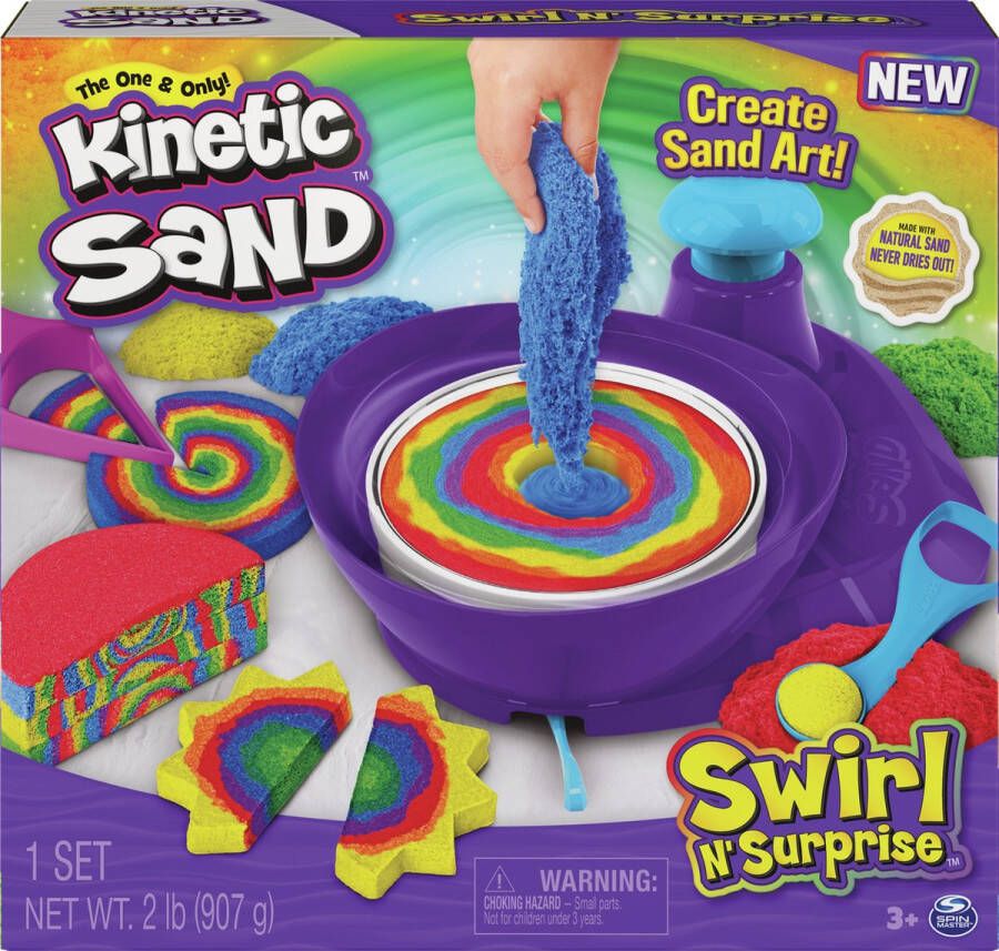 Kinetic Sand Swirl N' Surprise-speelset met 907 g rood blauw groen en geel speelzand en 4 gereedschappen Sensorisch speelgoed