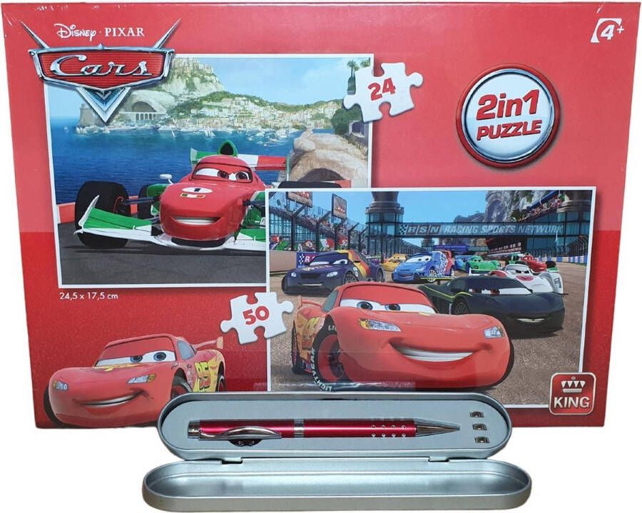 King Disney Pixar Cars 2 in 1 kinderpuzzel 1 x 24 stukjes en 1 x 50 stukjes inclusief unieke en praktische rode blauw schrijvende laserbalpen in luxe opbergbox.