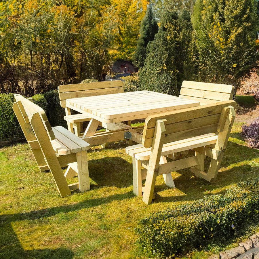 KING Houten picknicktafel Vierkant XXL 265 x 265 cm met 4 rugleuningen