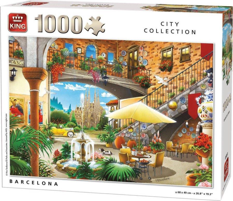King International King legpuzzel Barcelona City Collection 1000 stuks inclusief unieke en praktische rode blauw schrijvende laserbalpen in luxe opbergbox.