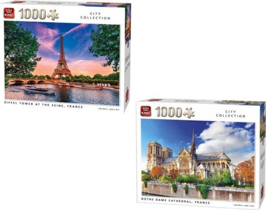 King International King legpuzzels volwassenen 1000 stukjes City Collection Eiffeltoren aan de Seine + Notre Dame Kathedraal Frankrijk | 68 x 49 cm | inclusief unieke en praktische rode blauw schrijvende laserbalpen in luxe opbergbox.