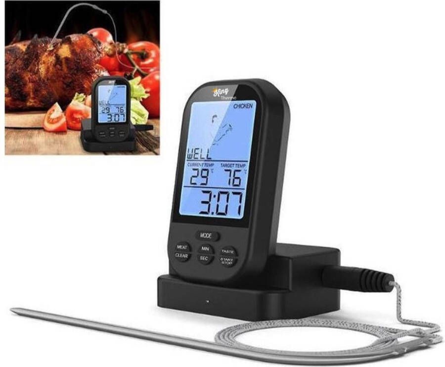 King thermo digitale vlees thermometer draadloos ideaal voor de bbq! zwart
