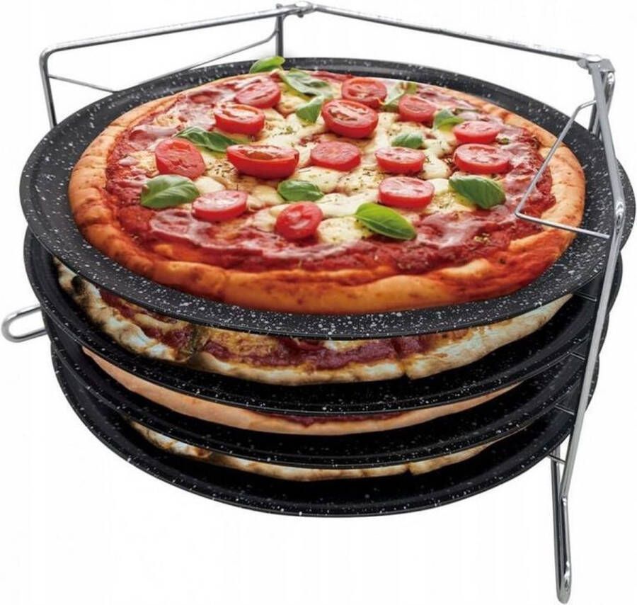 KINGHOFF Pizza Pizzarek Pizza oven Pizzabakset 5 delige set voor 4 pizza's Ø 32 3 cm 1553 Met een antiaanbaklaag