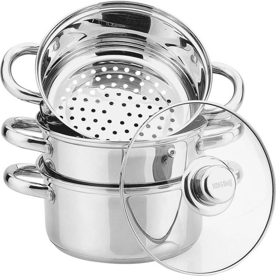 KINGHOFF Stoompannen Set 4-delig I Kookpan Stoominzet Deksel Ø 20 cm – 3.1L RVS Rijststomer Stoompan Groentestomer Vis- en Vleesstomer I Gezond Lekker Zuinig