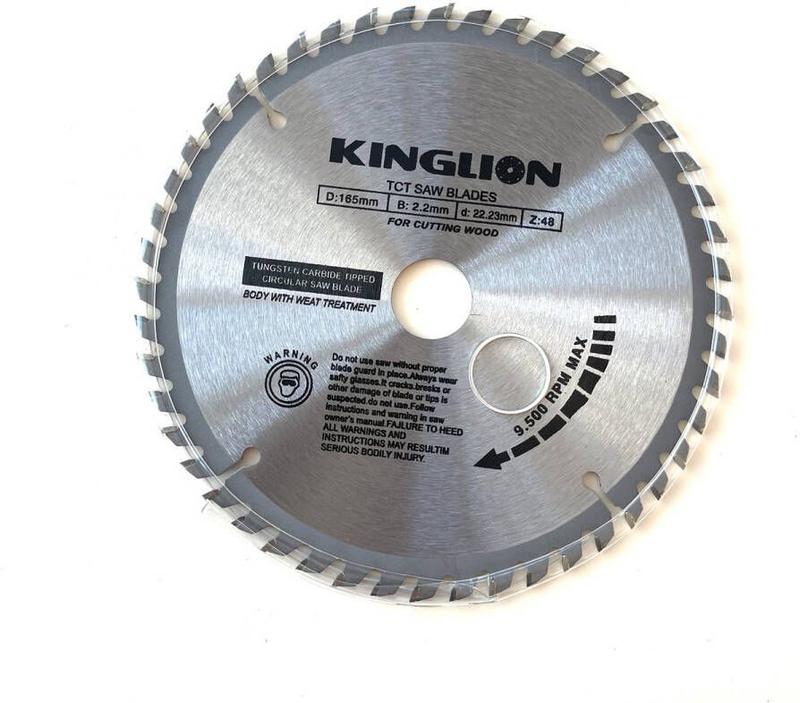 KINGLION zaagblad hout 165 x 22 23mm Cirkelzagen 48 tanden hardmetalen Incl. reductiering 19 8mm