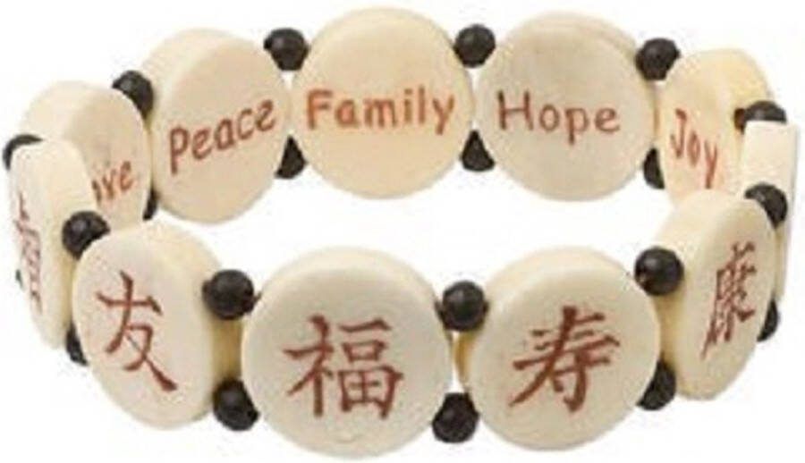 Kingsley-hobby.com Benen stretch-armband met op de kralen enerzijds Chinese gelukstekens en anderzijds de vertalingen