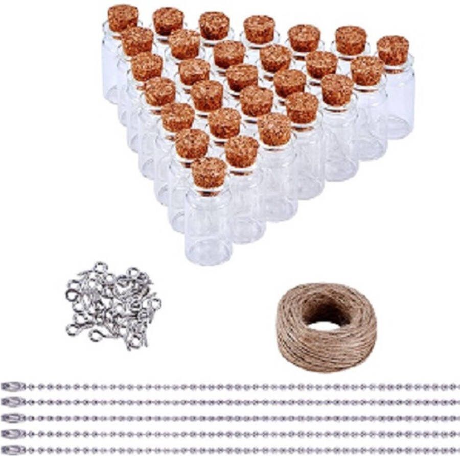 Kingsley-hobby.com Compleet hobbypakket met 30 flesjes 40x22mm inclusief kurkjes haakjes 30m hempkoord en 5 ballenkettinkjes