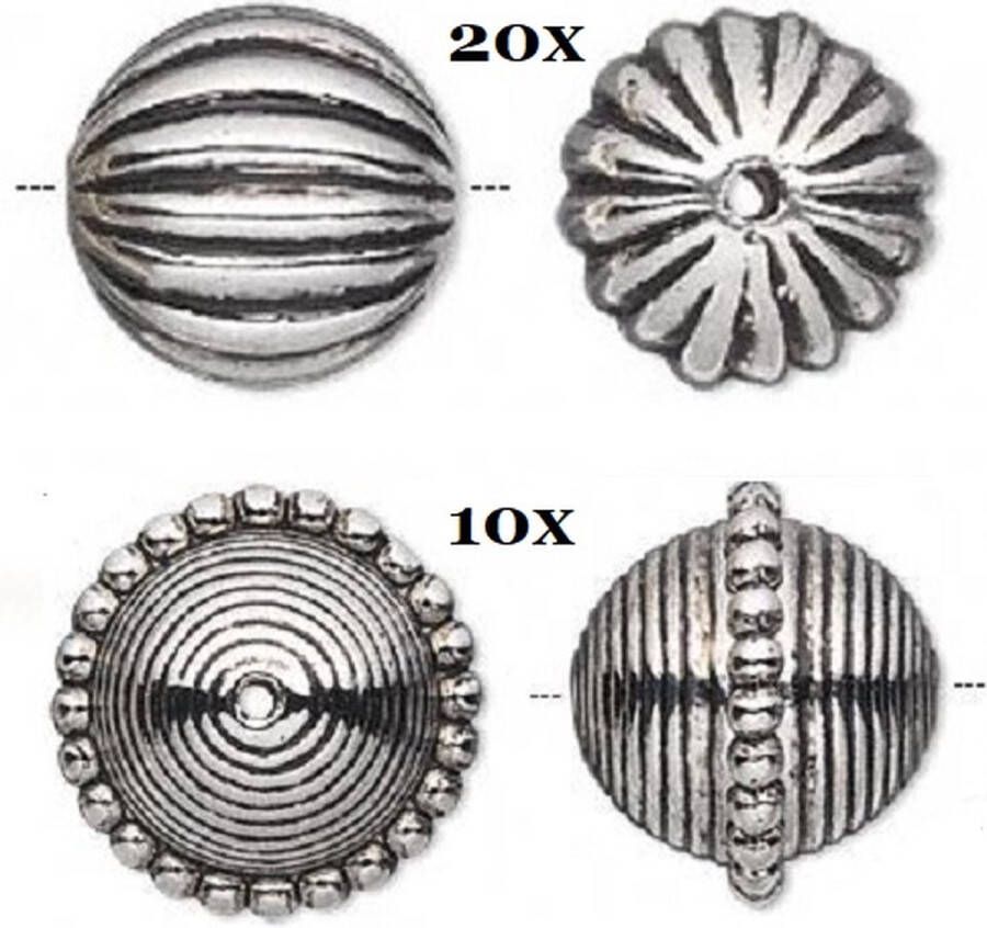 Kingsley-hobby.com Grote vintage acryl kralen met antiek zilverfinish 20 stuks van 17mm rond en 10 stuks van 23x20mm. Per set